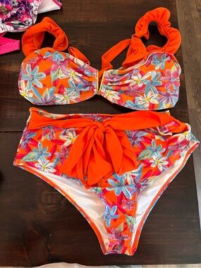 Girls' Orange Floral One-Piece Swimsuit with Bow Accent